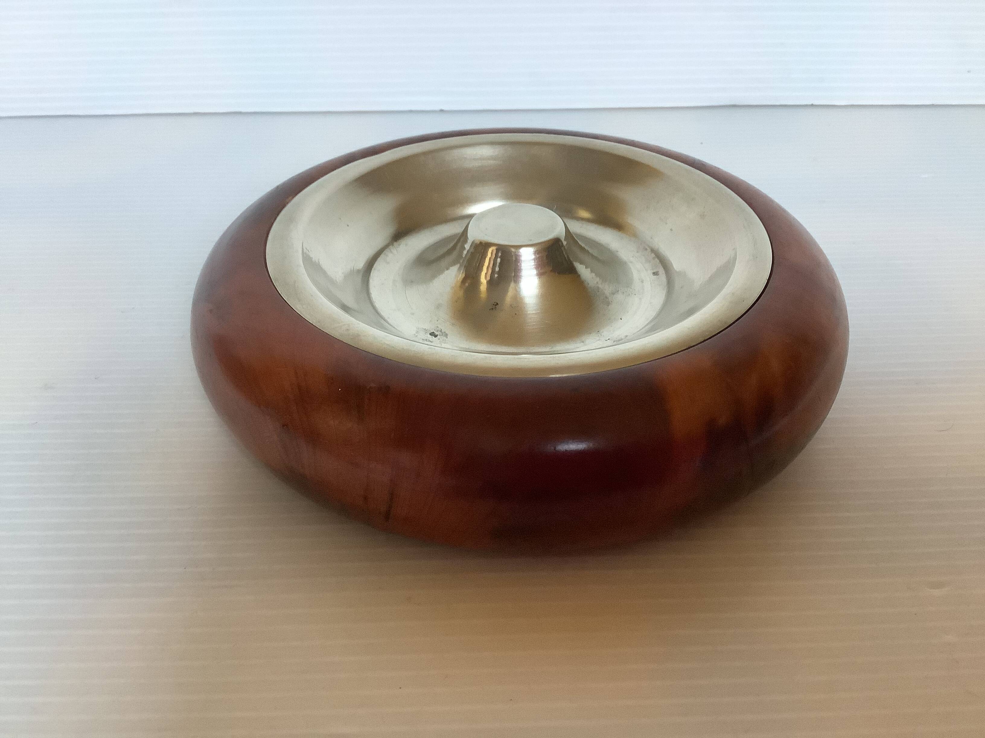 Metal elm burl wood ashtray