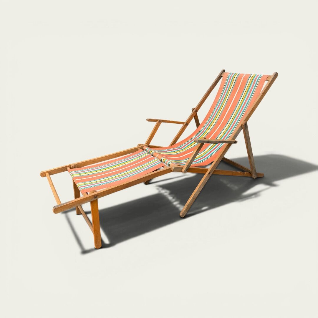 Vintage striped multicoloured deck chair with original patina.