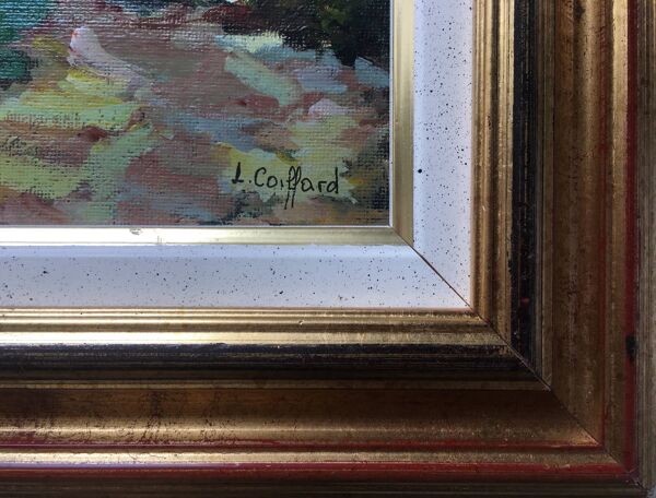 Tableau post impressionniste ''Village du sud'' par Lylliane Coiffard + cadre