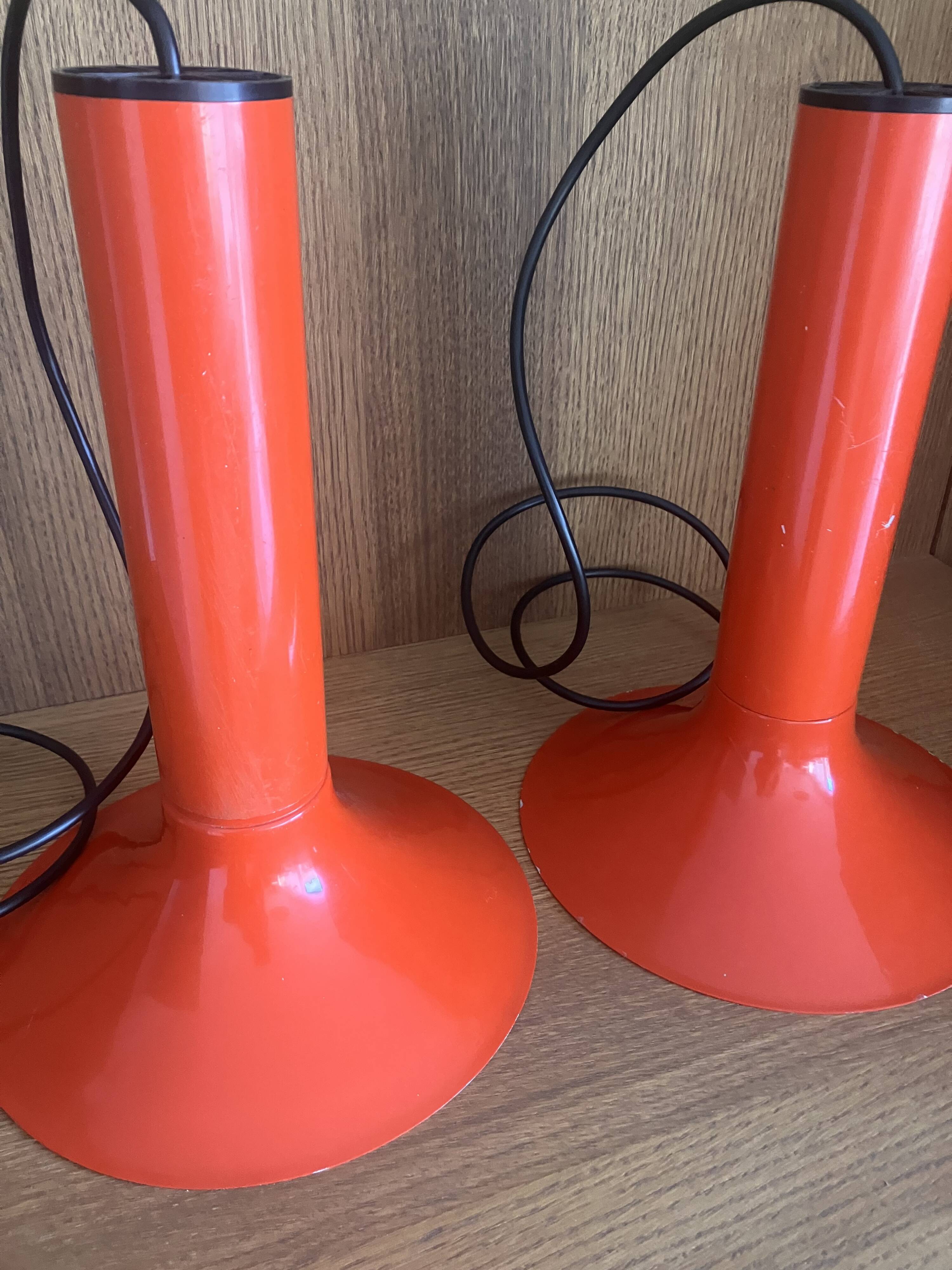 Pair of Lita metal orange pendant lights from the 70s Space Age.