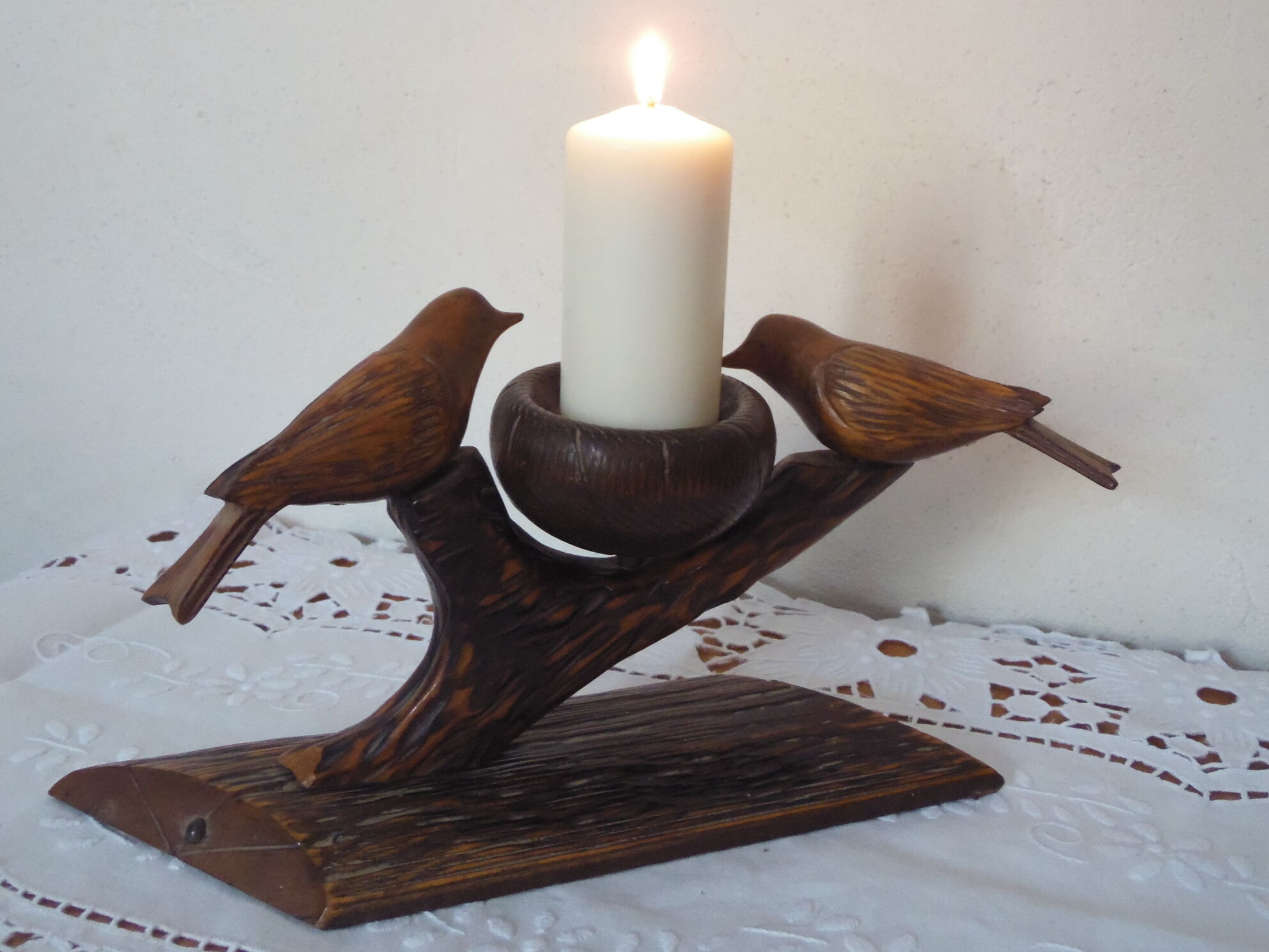 Candle holders birds carved wood