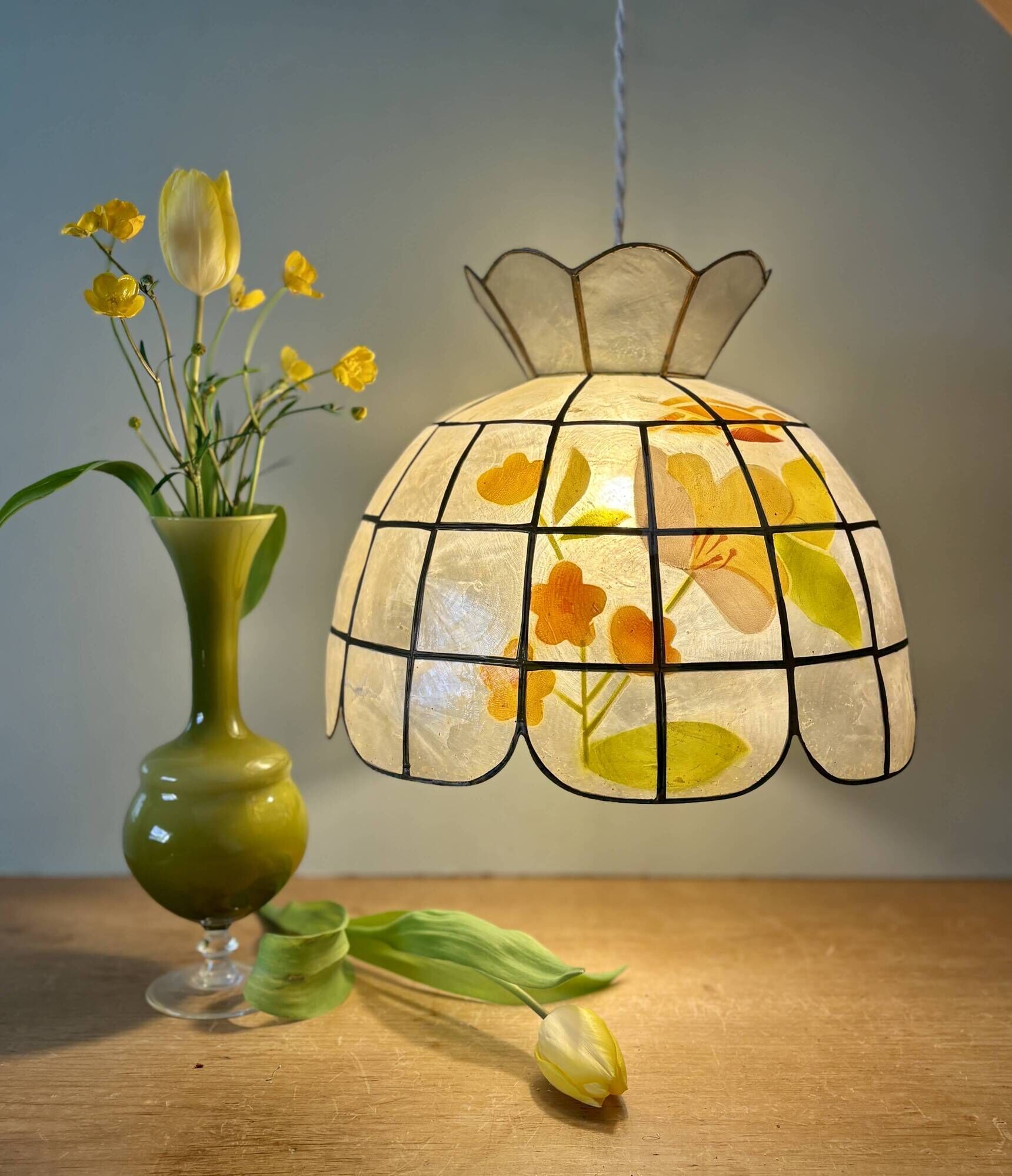 Vintage mother-of-pearl and brass lampshade pendant light with flower decorations