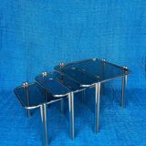 SET OF 3 NESTING TABLES WITH CHROME METAL DOUBLE BASE AND SMOKED GLASS