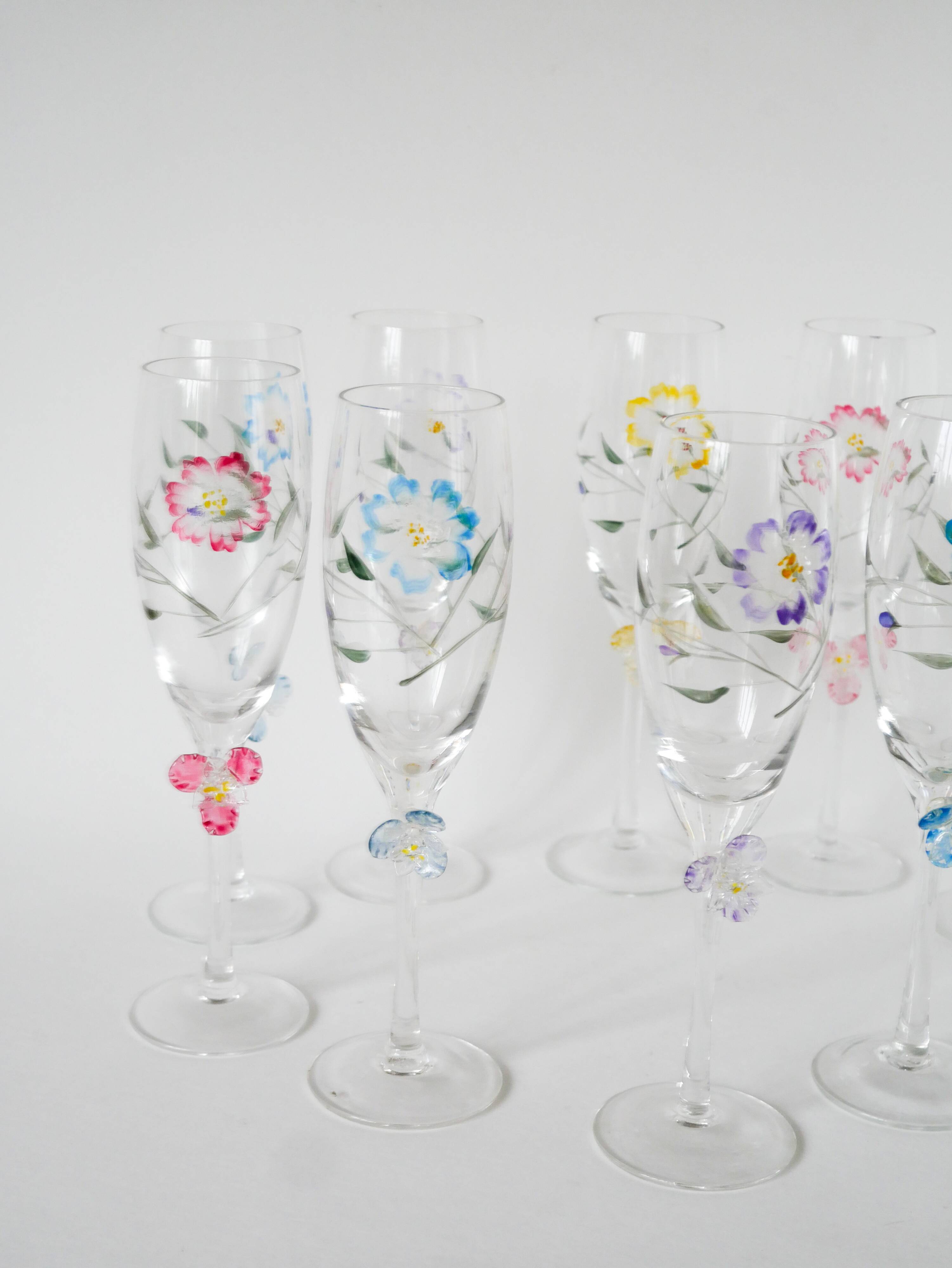 Set of 10 hand-painted champagne flutes with embossed flowers