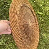 Large vintage mirror 1970 in woven wood, wicker rattan diameter 54 cm