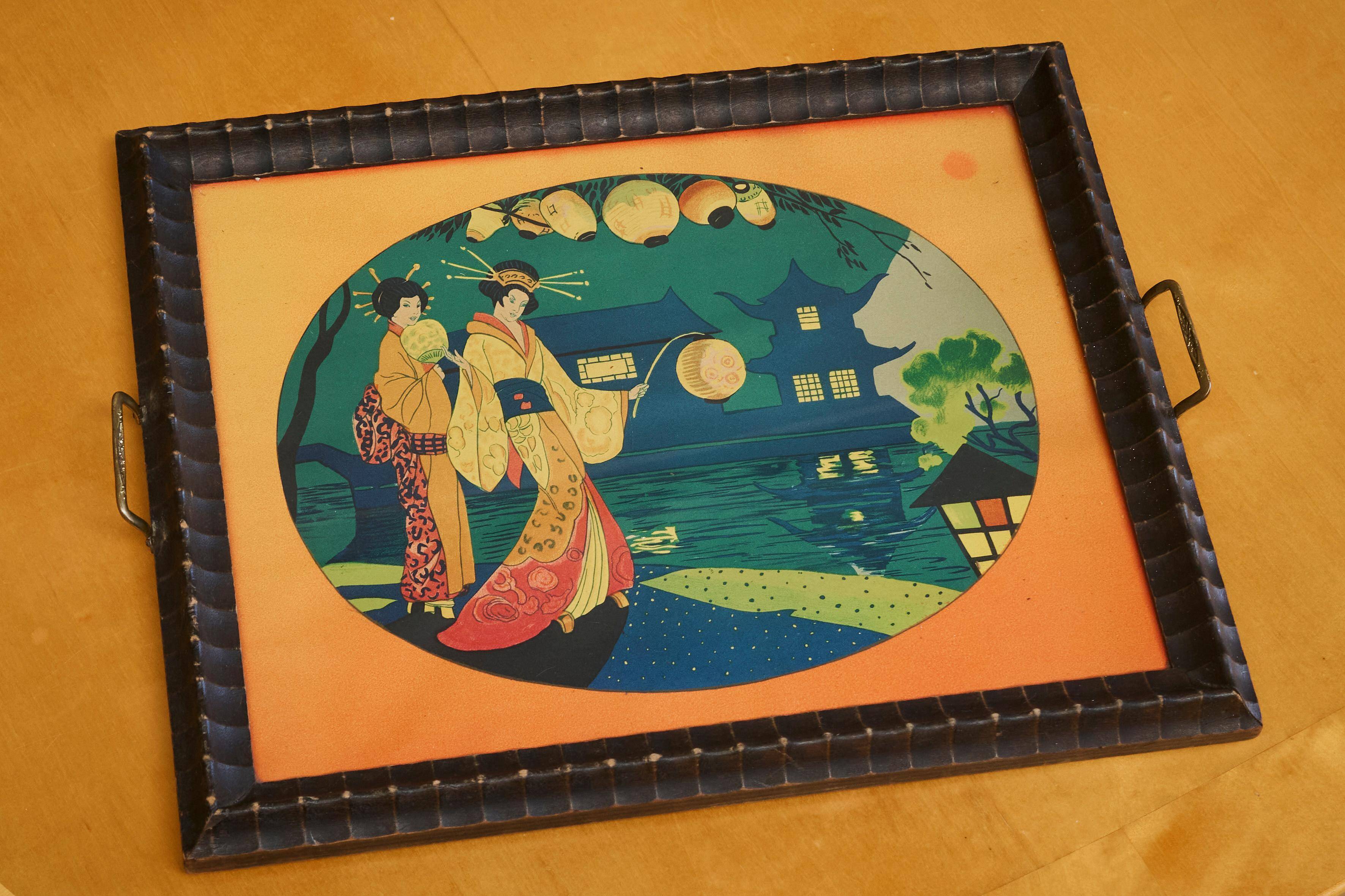 Art Deco Japanese-themed wooden and glass plateau, 1940s.