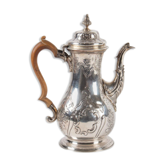 Teapot, Massive Silver, 18th Century, England, Carved Wooden Channel