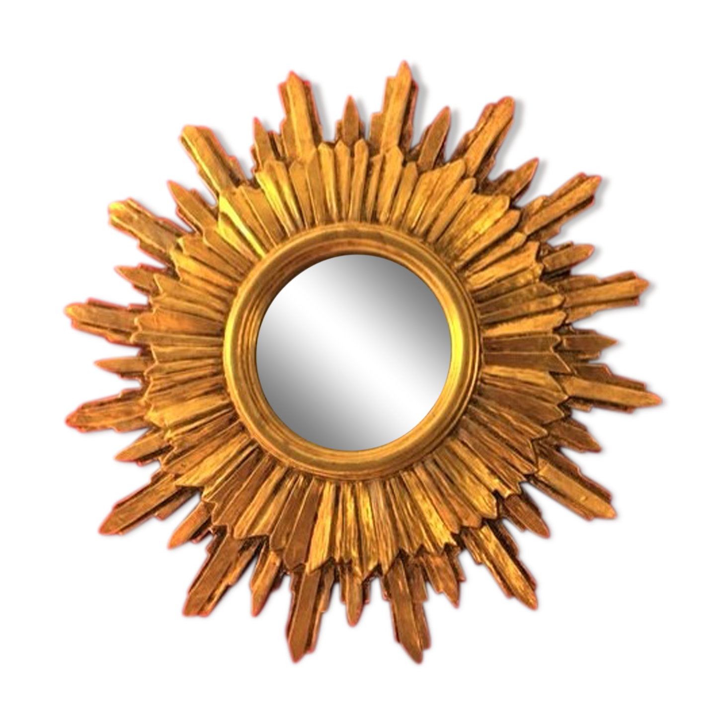 Mirror sun gilded wood leaf, 52 cm double shelving