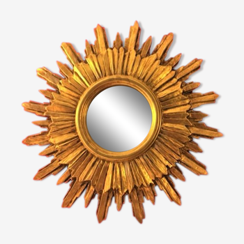 Mirror sun gilded wood leaf, 52 cm double shelving