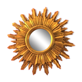 Mirror sun gilded wood leaf, 52 cm double shelving