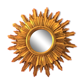 Mirror sun gilded wood leaf, 52 cm double shelving