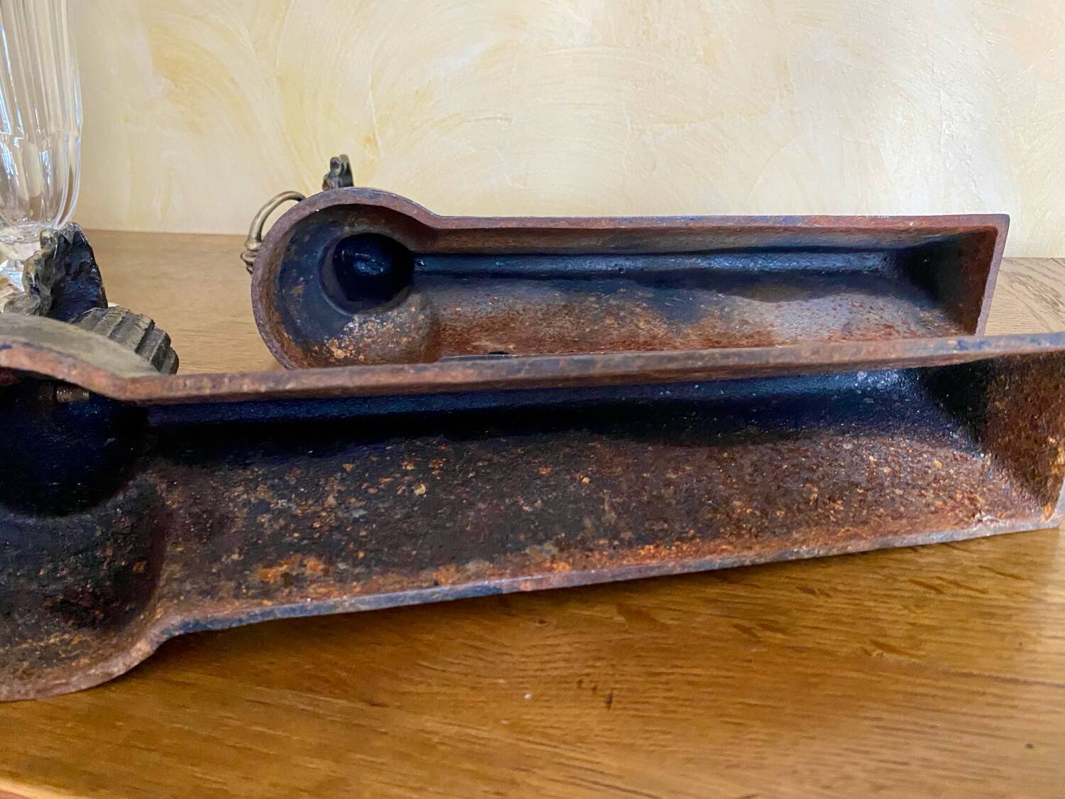 Pair of antique fire dogs with lion heads - patinated cast iron