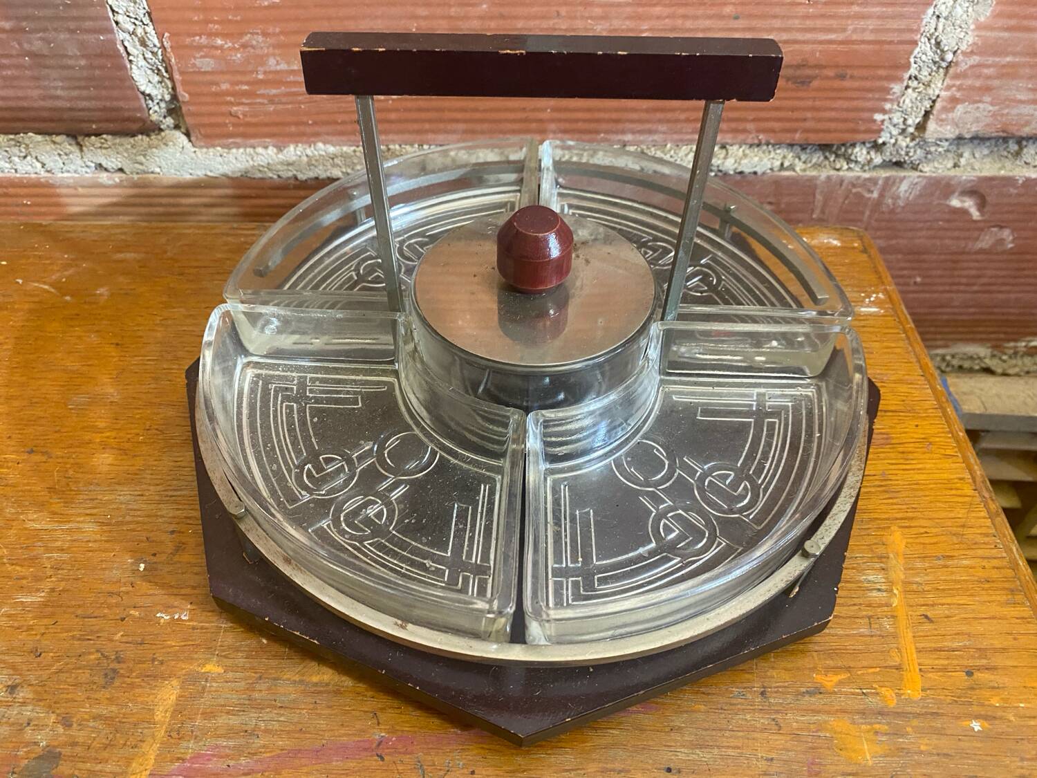 Serving Tray Wood & Chrome + Molded Glass Bowls Kitchen Wine