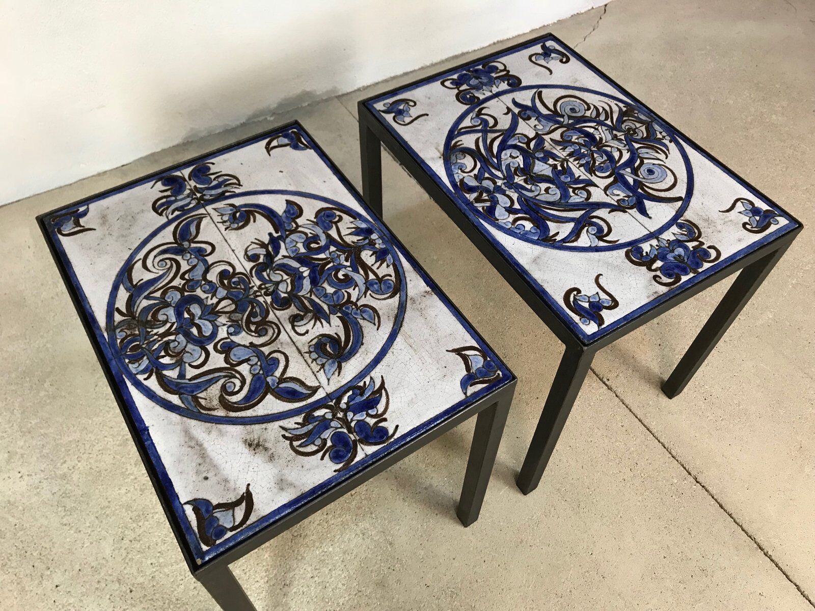 Italian ceramic tiles & steel side tables or nightstands, 1970s, set of 2
