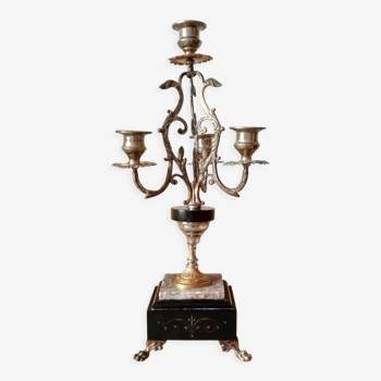 Ancien candélabre 4 feux en laiton bronze et marbre, flambeaux français Napoléon III