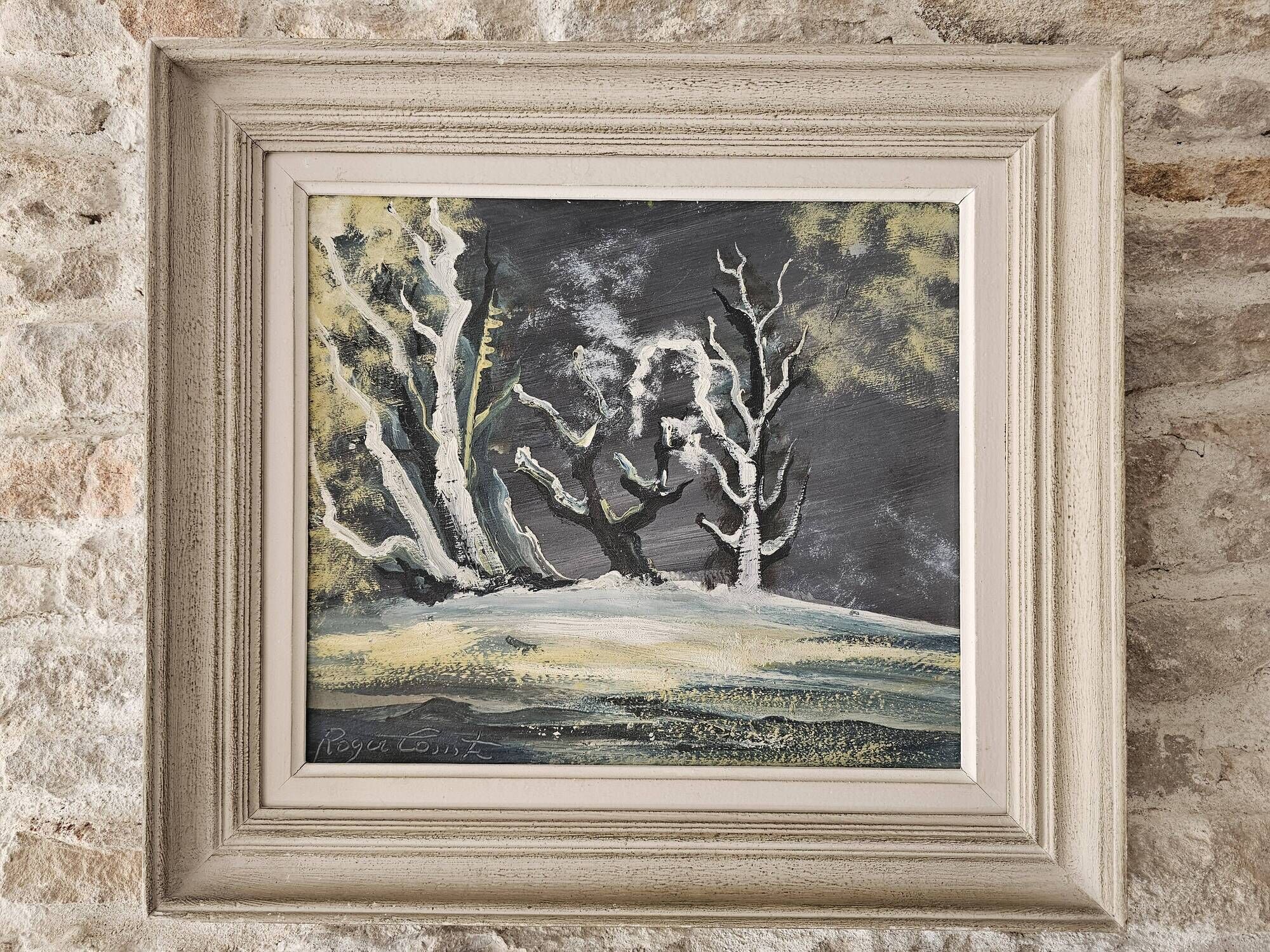 Oil painting on panel Winter Landscape signed Roger Comte
