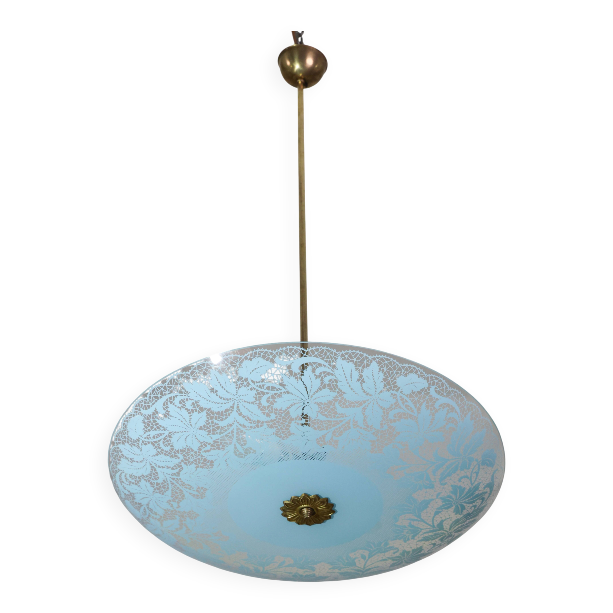 Italian Vintage Floral Glass and Brass Pendant Chandelier, Mid-Century, 2 L