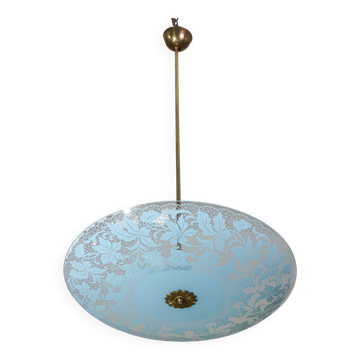 Italian Vintage Floral Glass and Brass Pendant Chandelier, Mid-Century, 2 L
