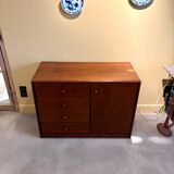 Chest of drawers, buffet with 3 drawers, 1 door in dark wood, France 1982