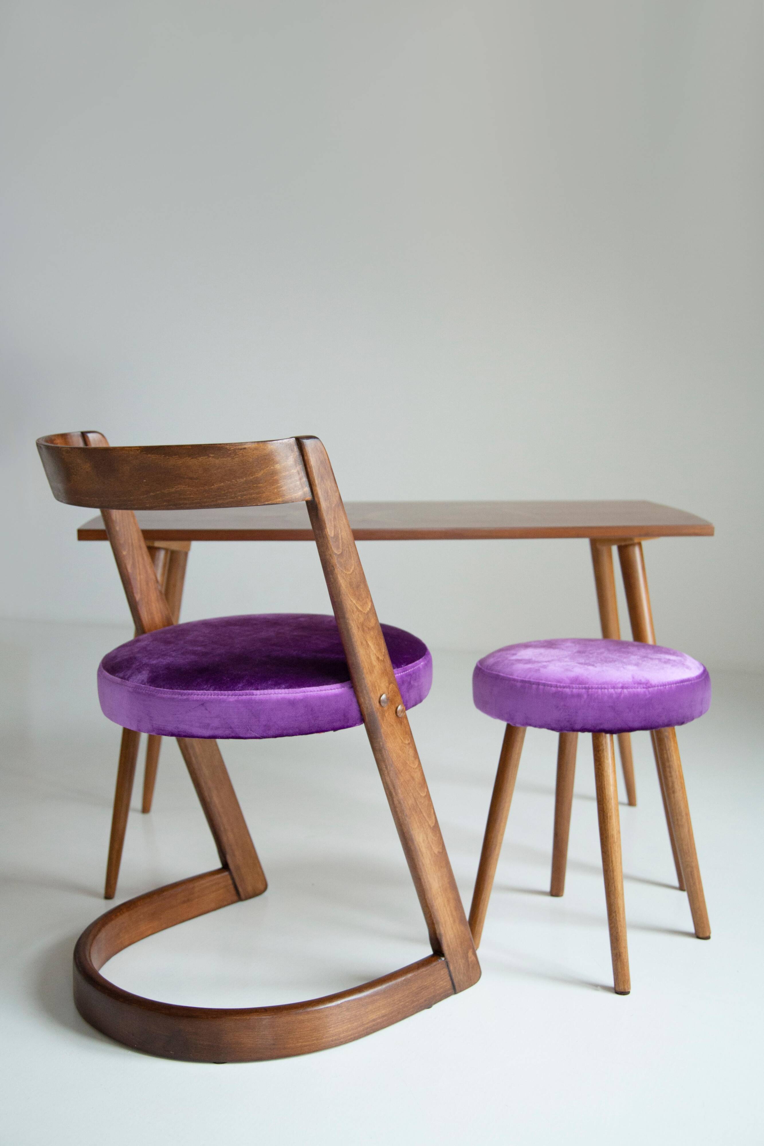 Mid-century purple velvet Halfa chair and stool, Baumann, France, 1970s.