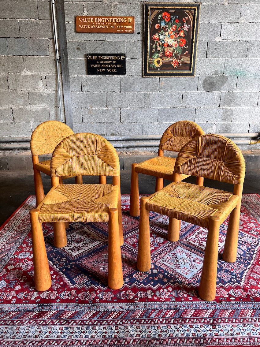 4 Toscanolla chairs in wicker and solid pine by alessandro becchi for giovanetti - italy - 1970