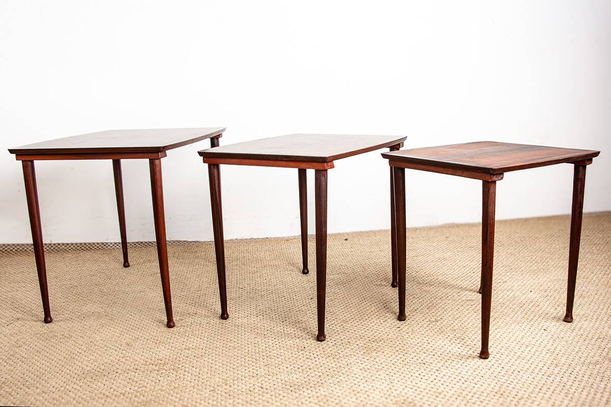 Three Danish nesting tables in rosewood by Mobelintersia 1960.