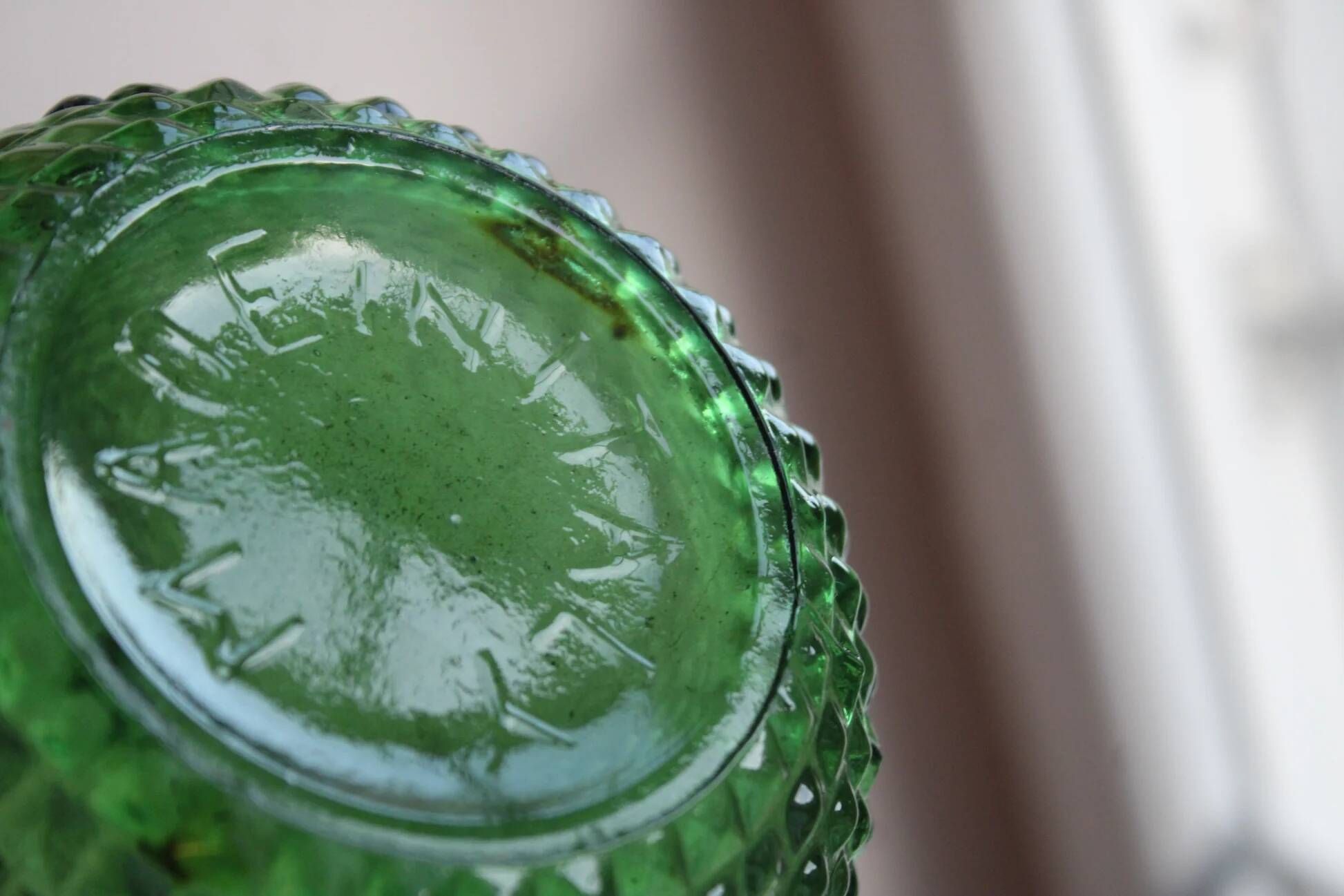 Vintage green glass bottle vase with geometric relief – H 33 cm