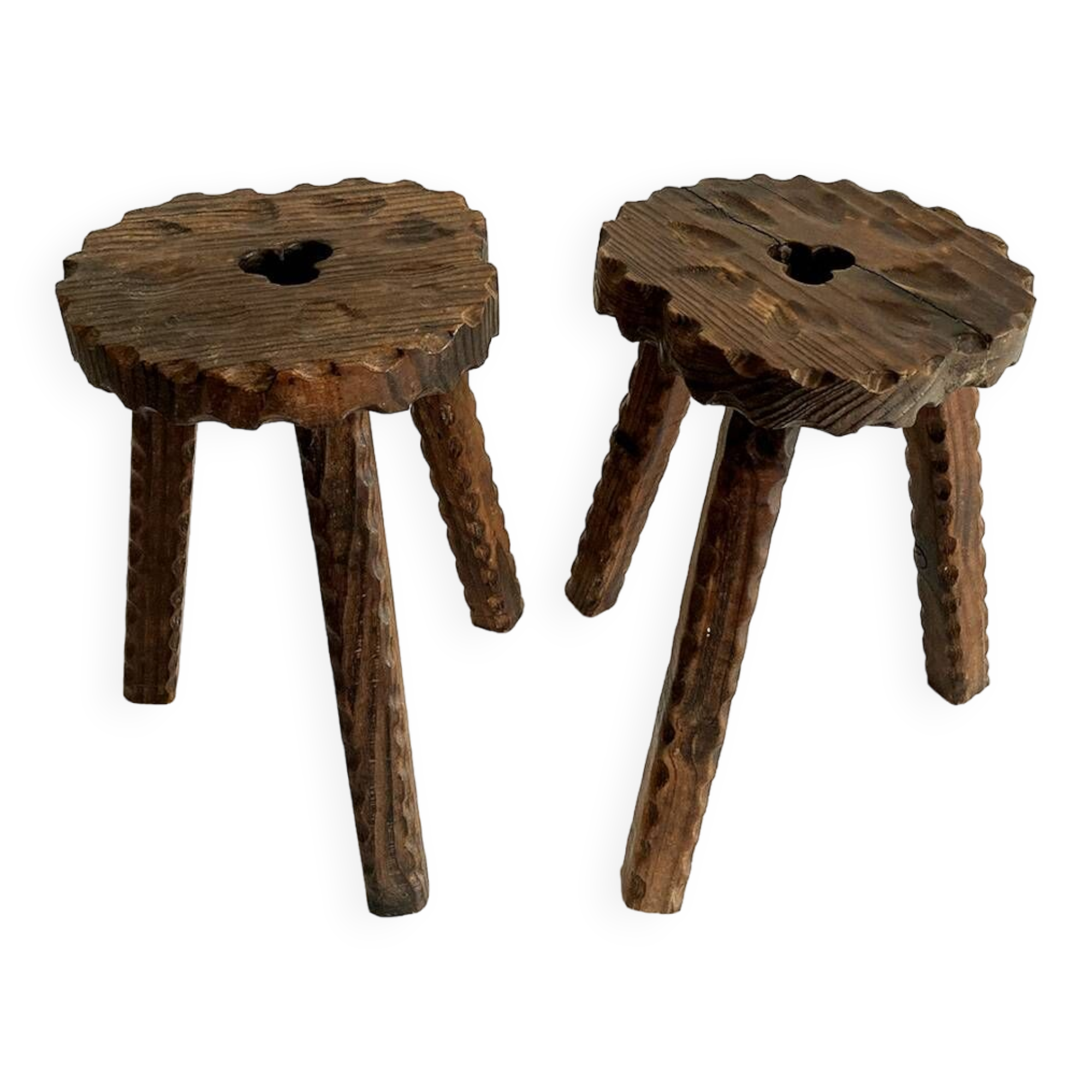 Pair of tripod farmhouse stools with clover pattern