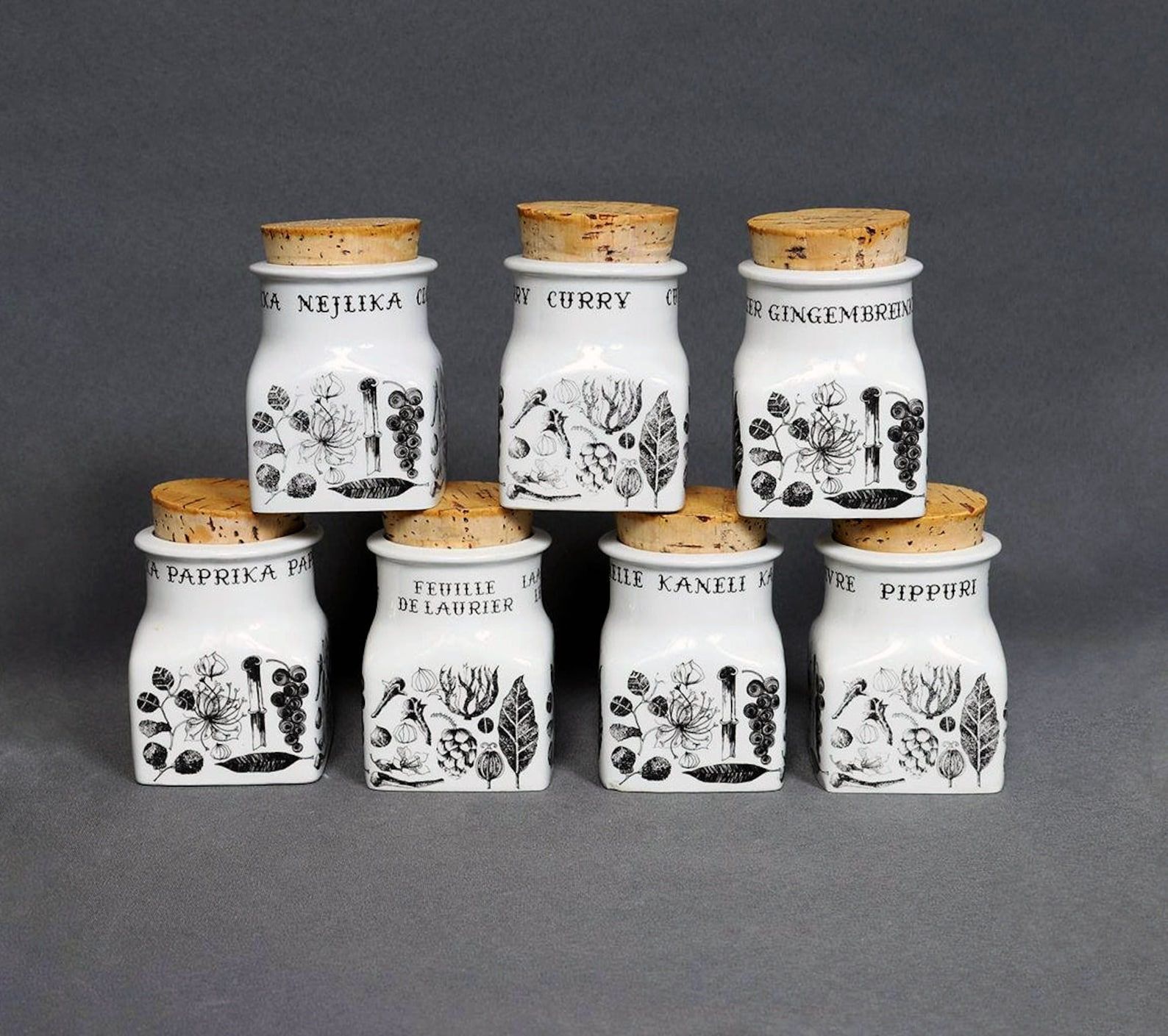 Set of 7 Arabia Finland spice jars with cork stoppers, Esteri Tomula