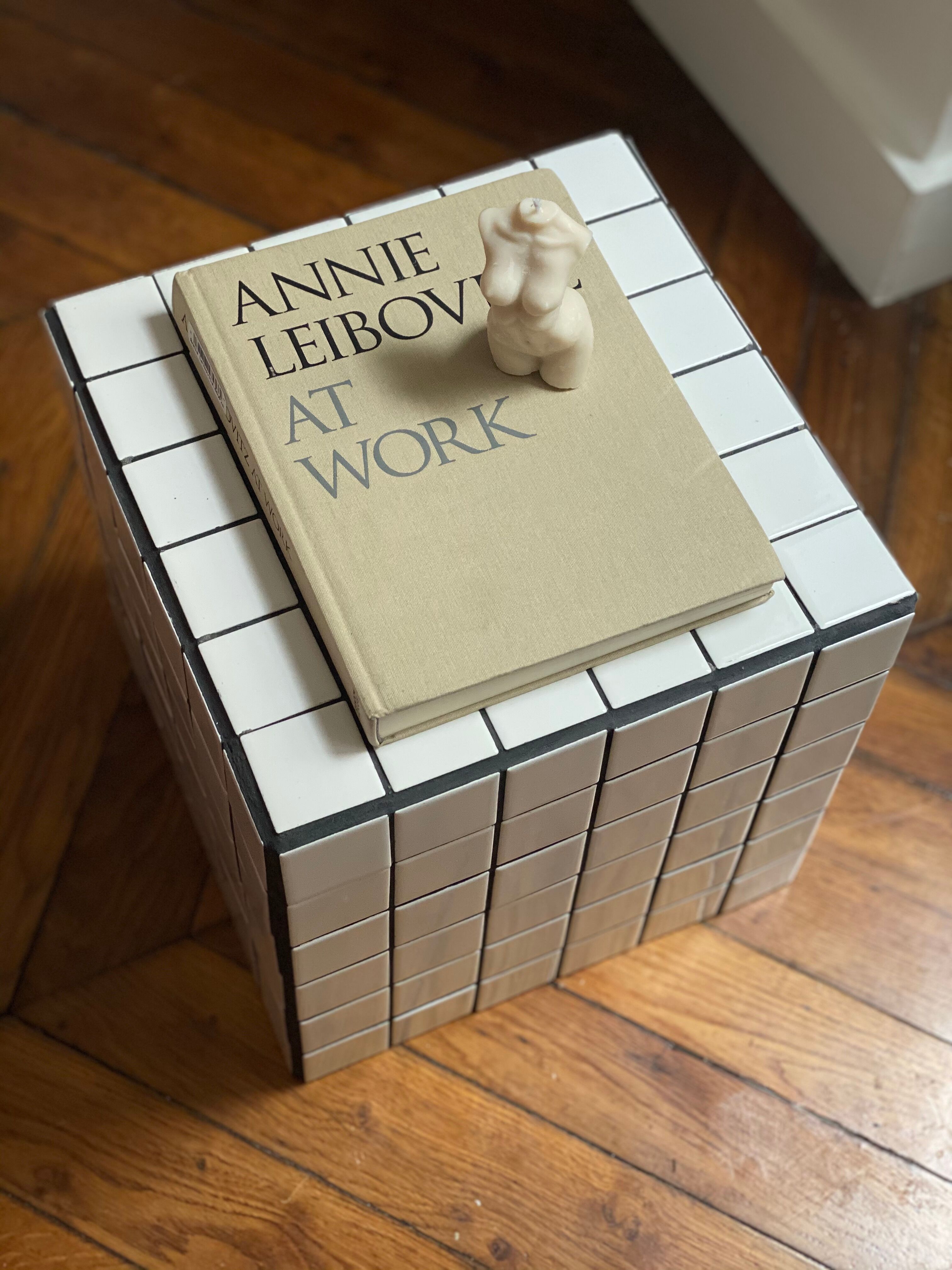 Side table cube gigi tile mosaic white joint black sofa end