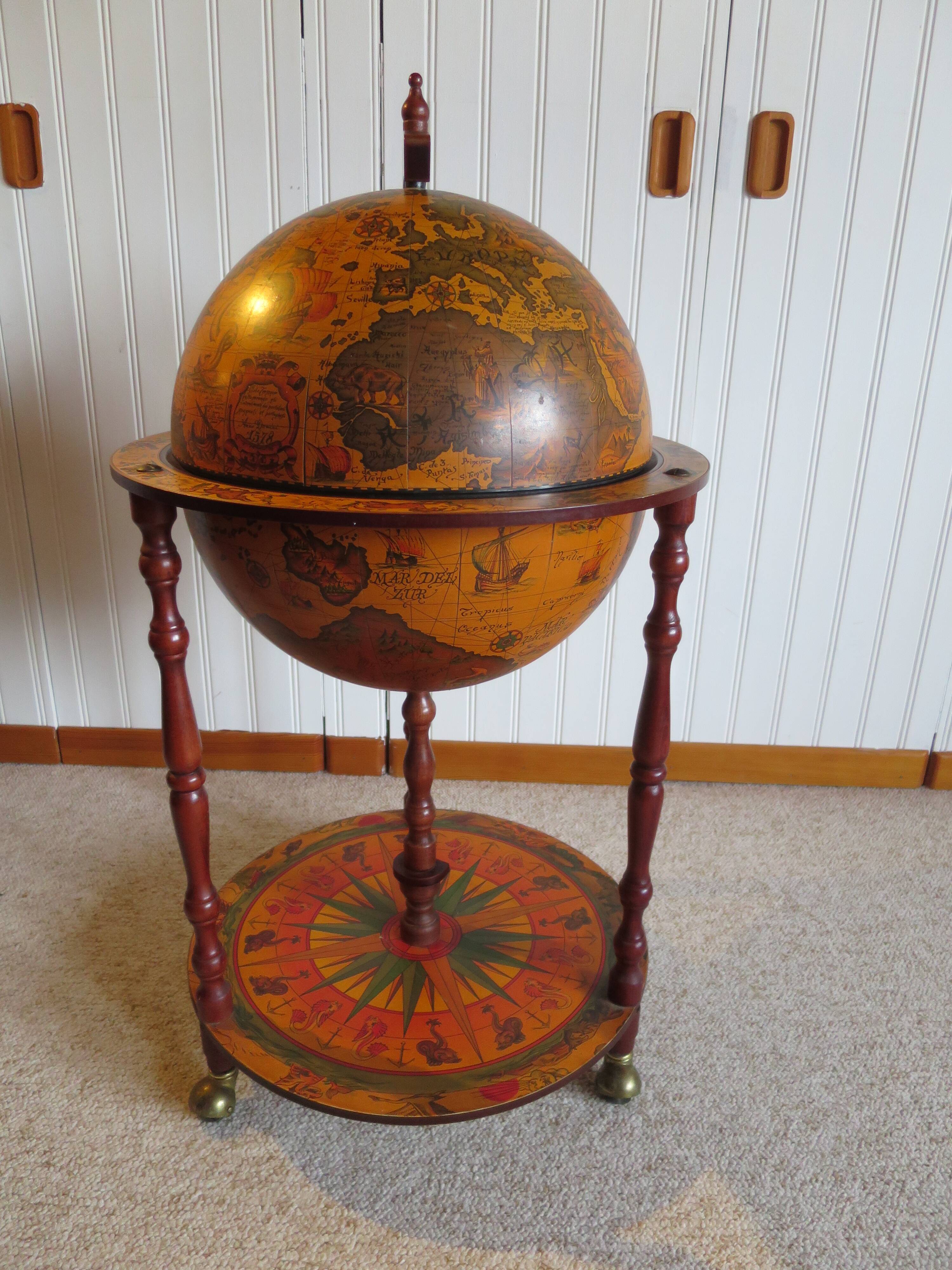 Vintage globe bar cabinet, colonial style, Italy, 1970s