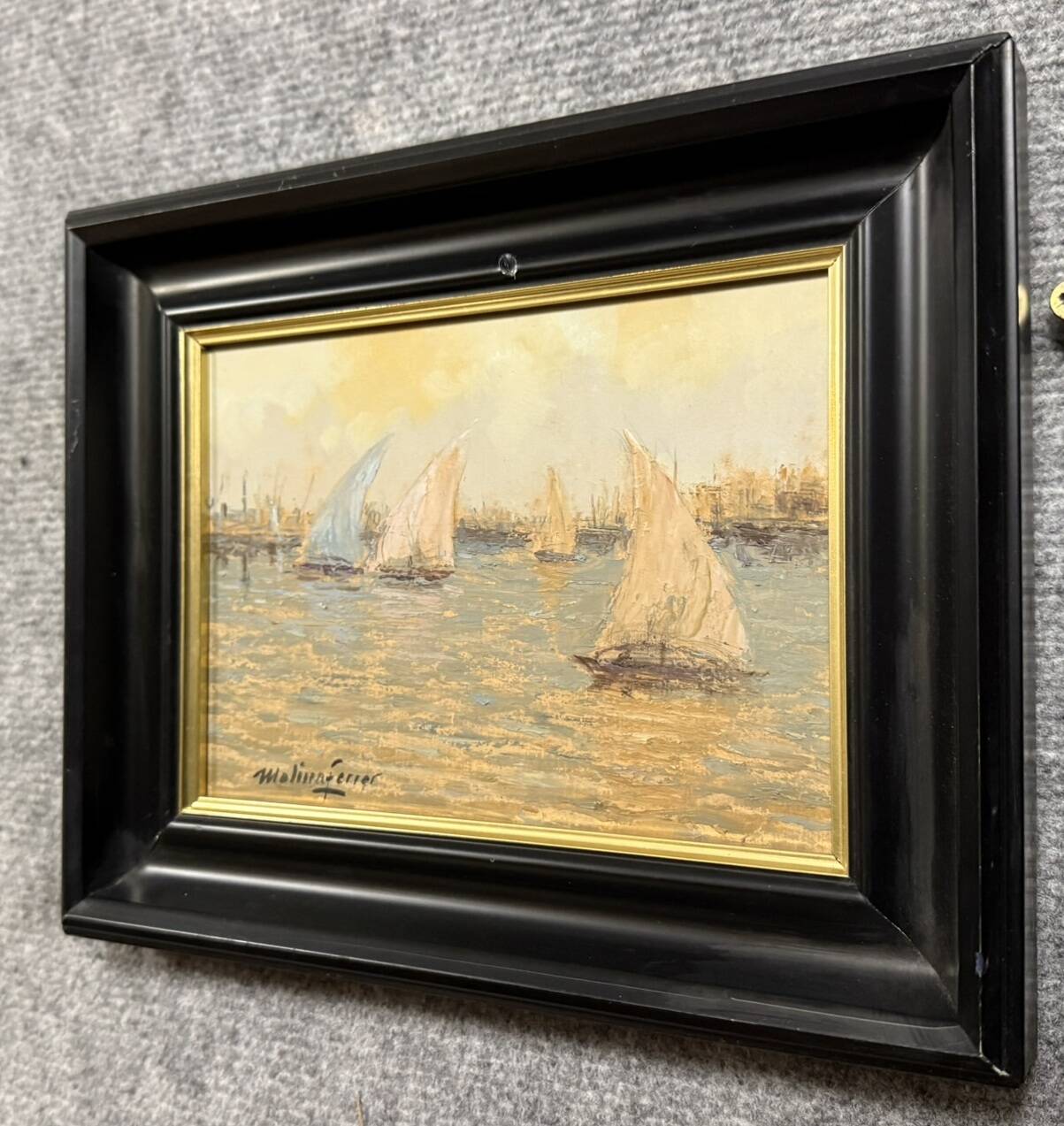 Molina Ferrer: oil painting on panel depicting a seascape with sailing boats
