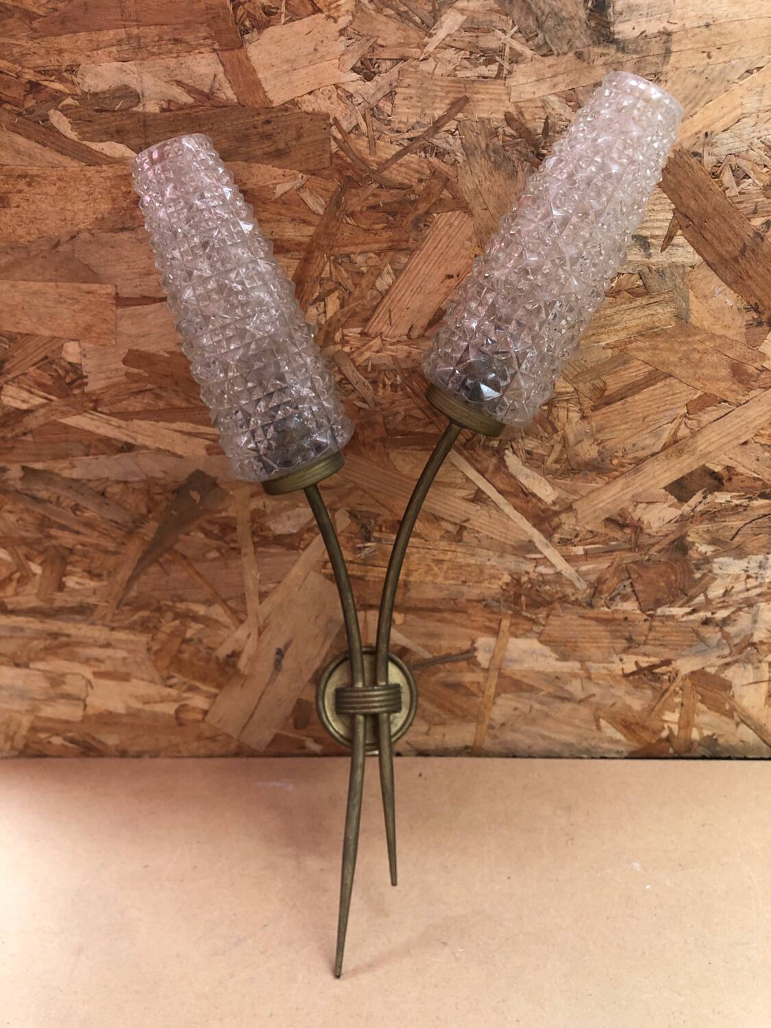 Old Double Brass Wall Lamp + Vintage Molded Glass Tulips