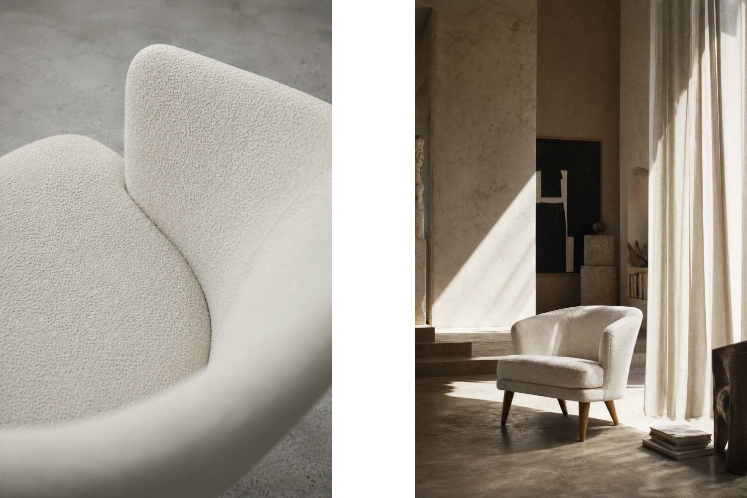 Low Mid-Century Scandinavian Modern Oak & Fabric Armchair with Rounded Back