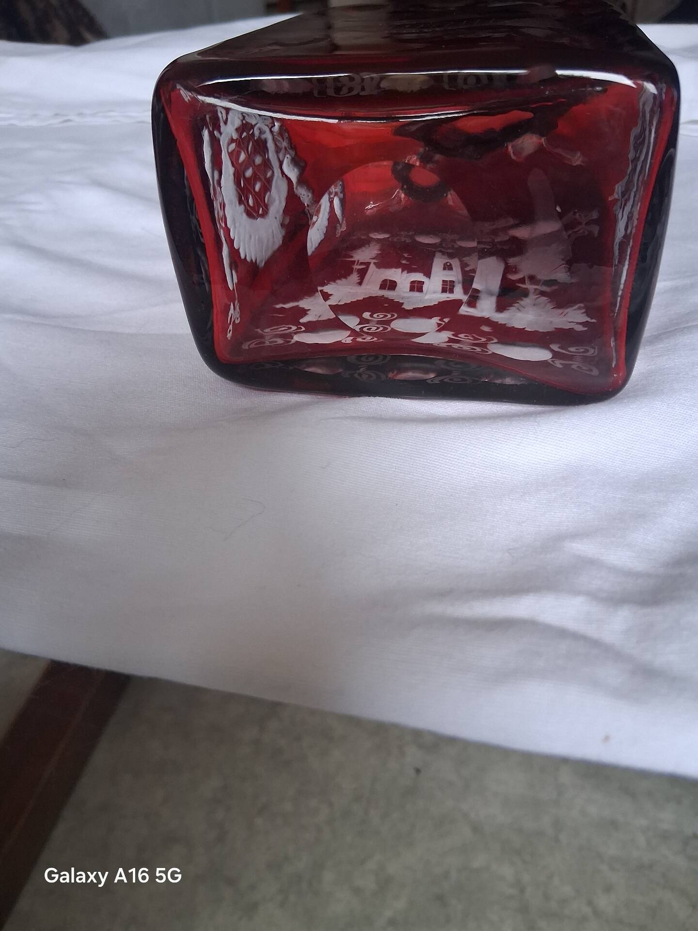 Antique Bohemian Crystal Carafe Egermann Ruby Red Engraved.