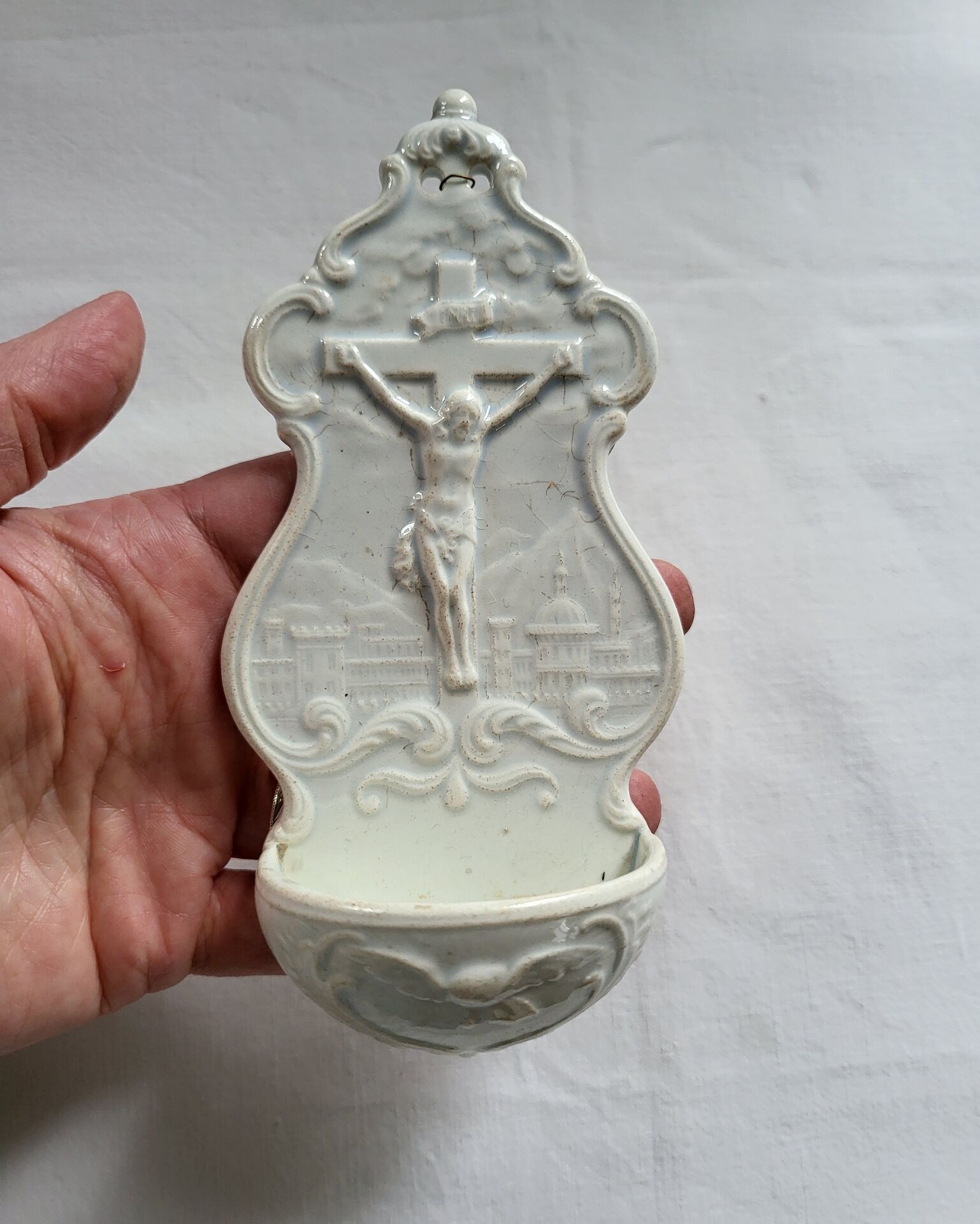 Antique Baptismal Font in Fine Faience Creil and Montereau White Christ Cross