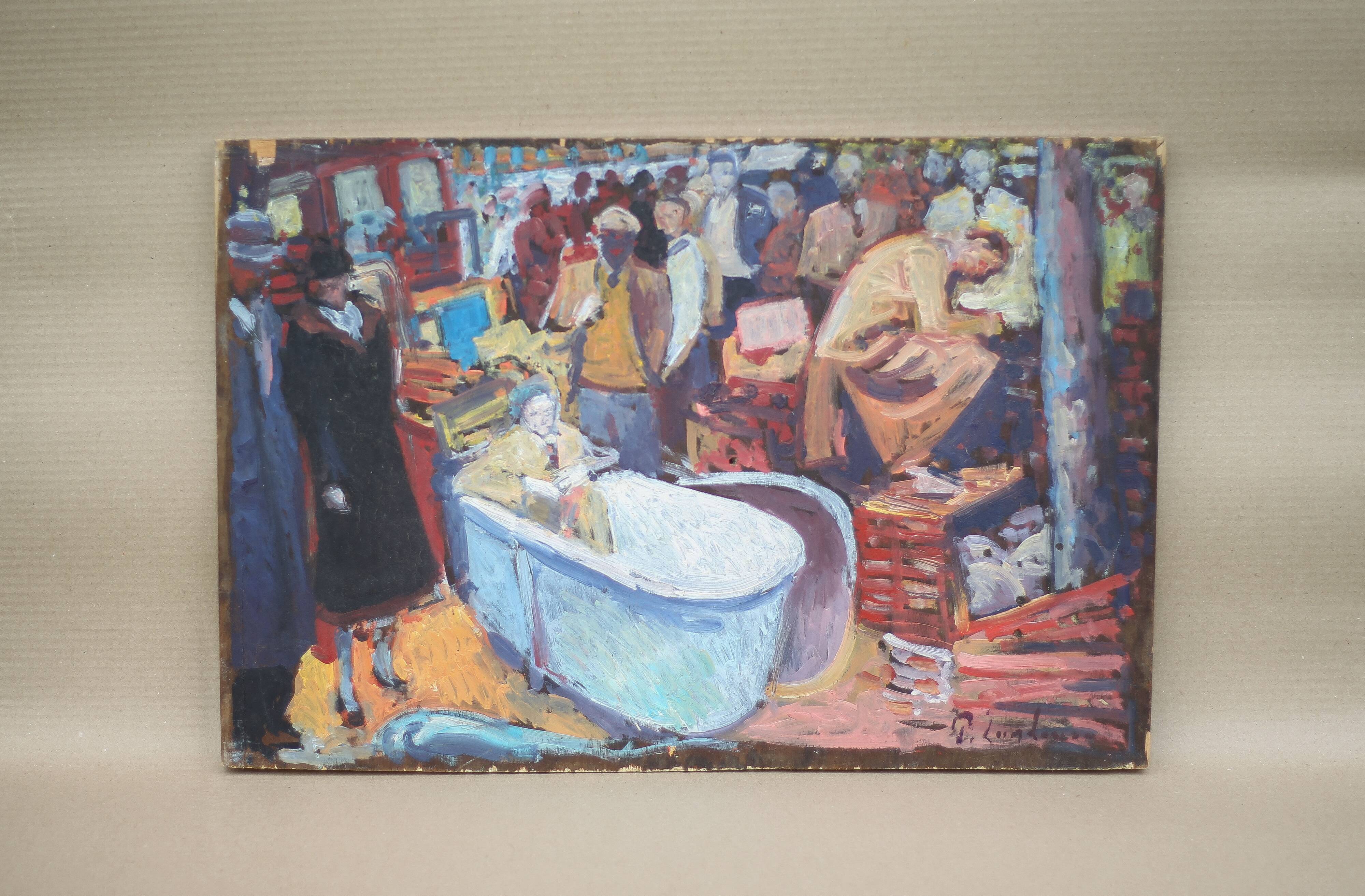 Painting signed Patrice Landauer, vintage painting, painting on wood panel