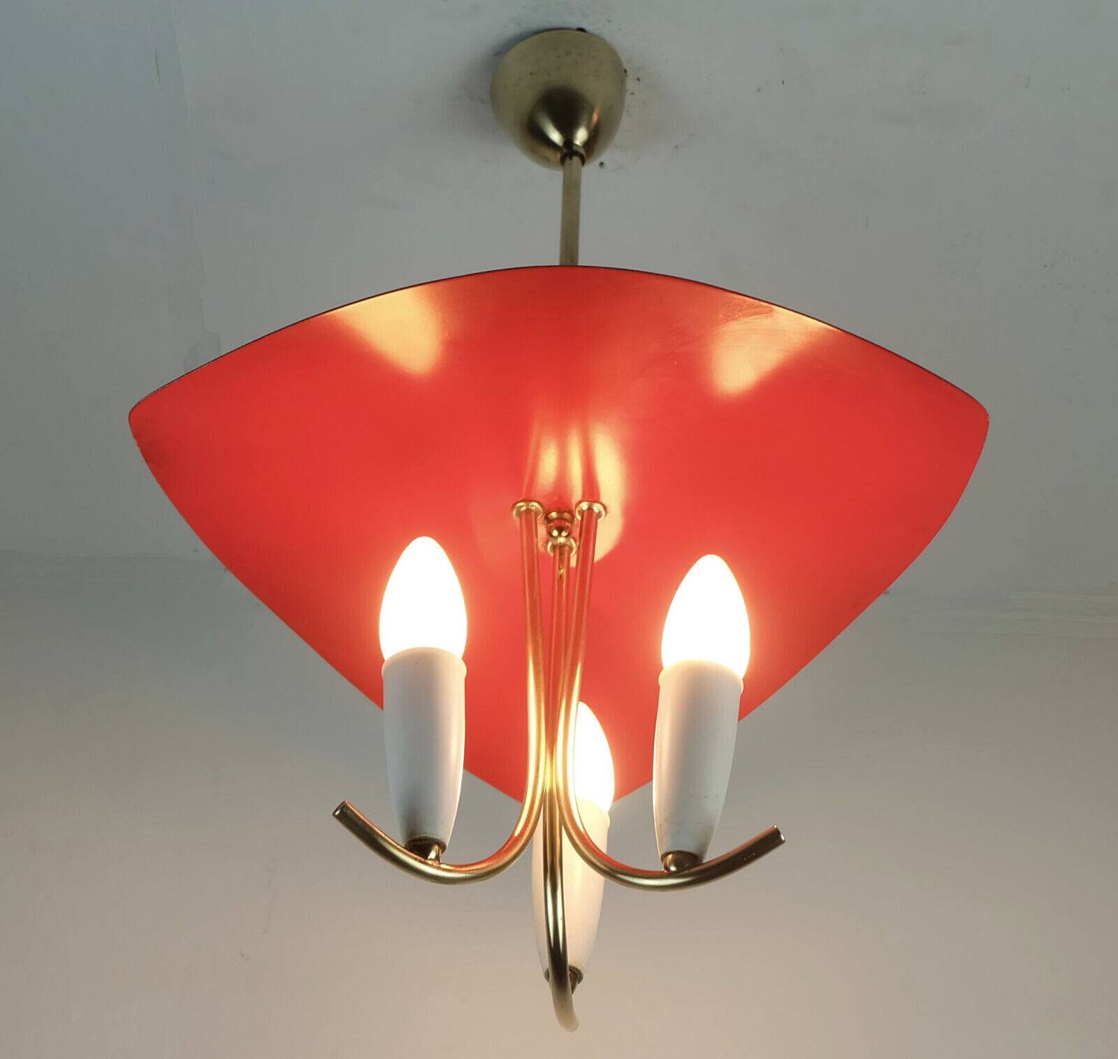 1950s mid century 3-light pendant brass metal plastic stilnovo era