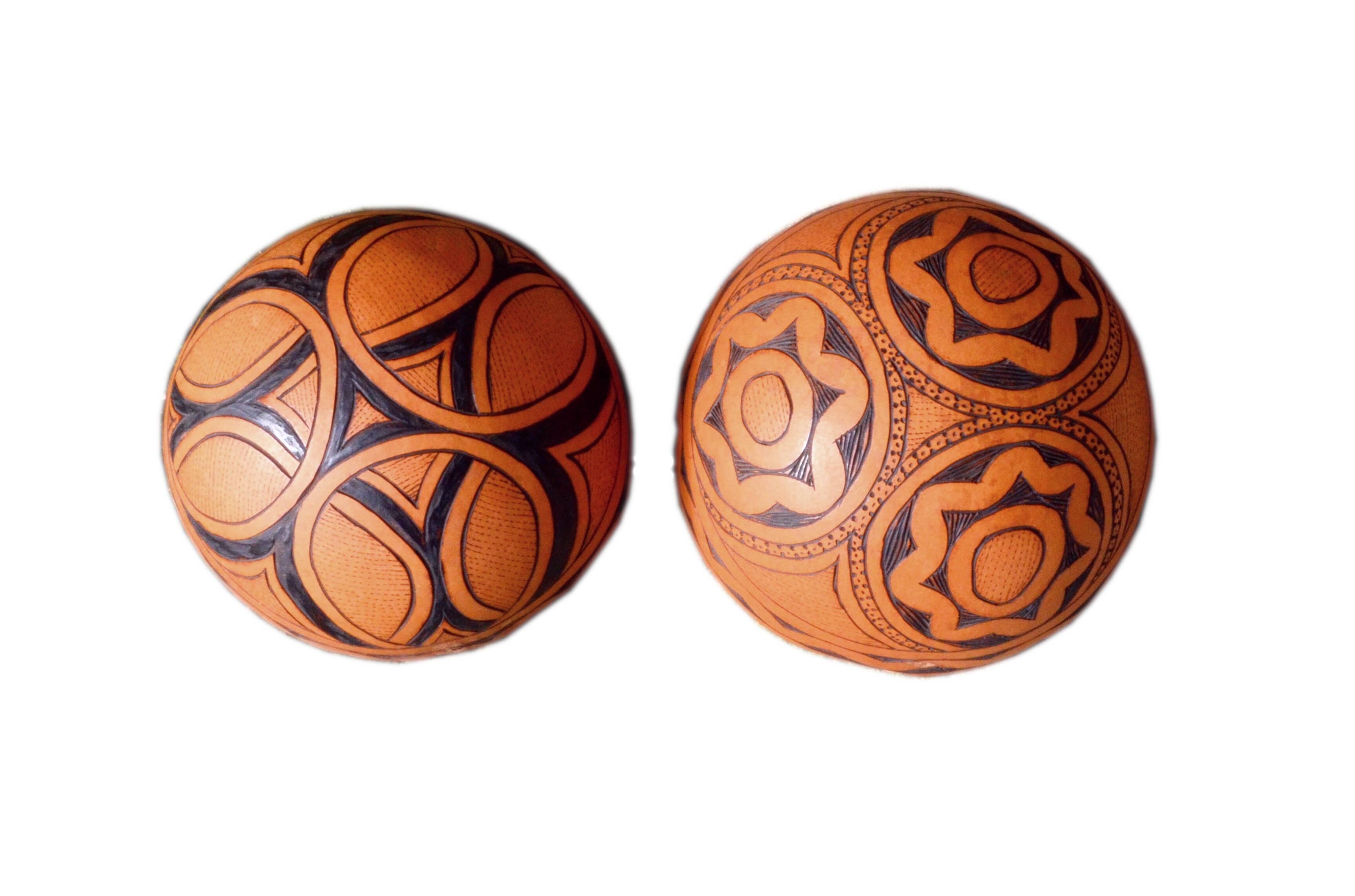 2 half decorated gourds (pyrography), floral and geometric patterns, 20cm