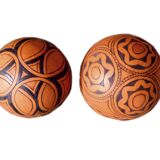 2 half decorated gourds (pyrography), floral and geometric patterns, 20cm