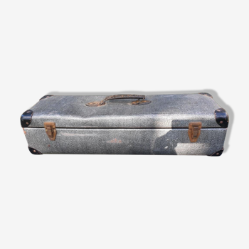 Rectangular suitcase 1930 cardboard grey metal leather reinforcements