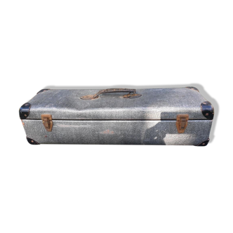 Rectangular suitcase 1930 cardboard grey metal leather reinforcements
