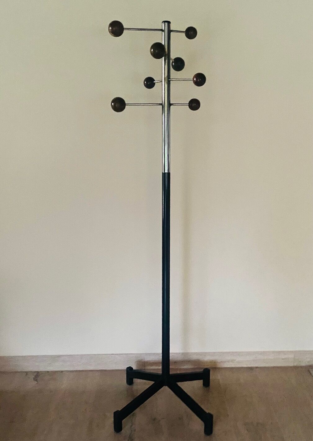 Coat rack chrome and wood, 1970's