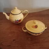 Enameled teapot and sugar bowl