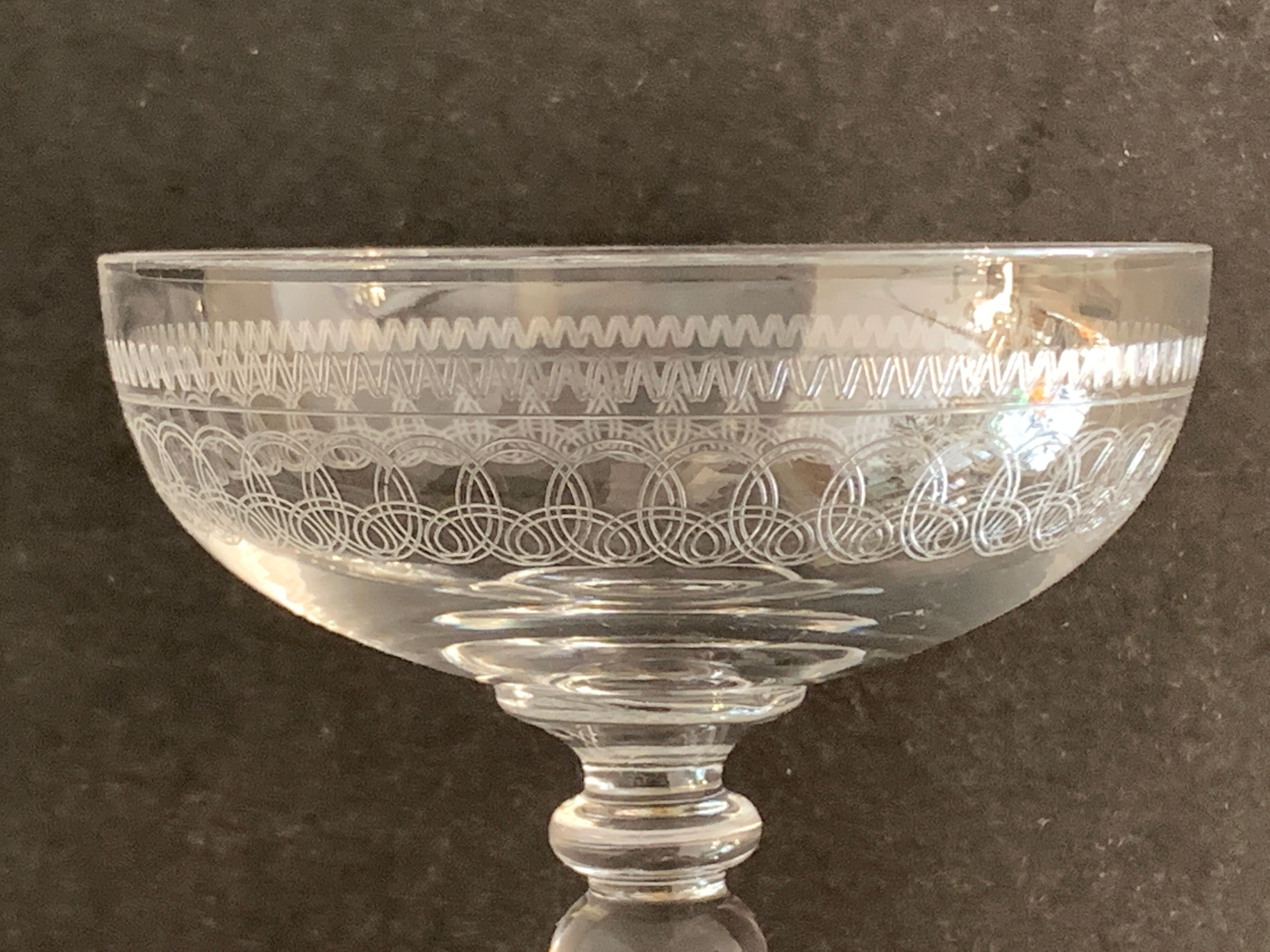 5 antique champagne glasses in engraved crystal