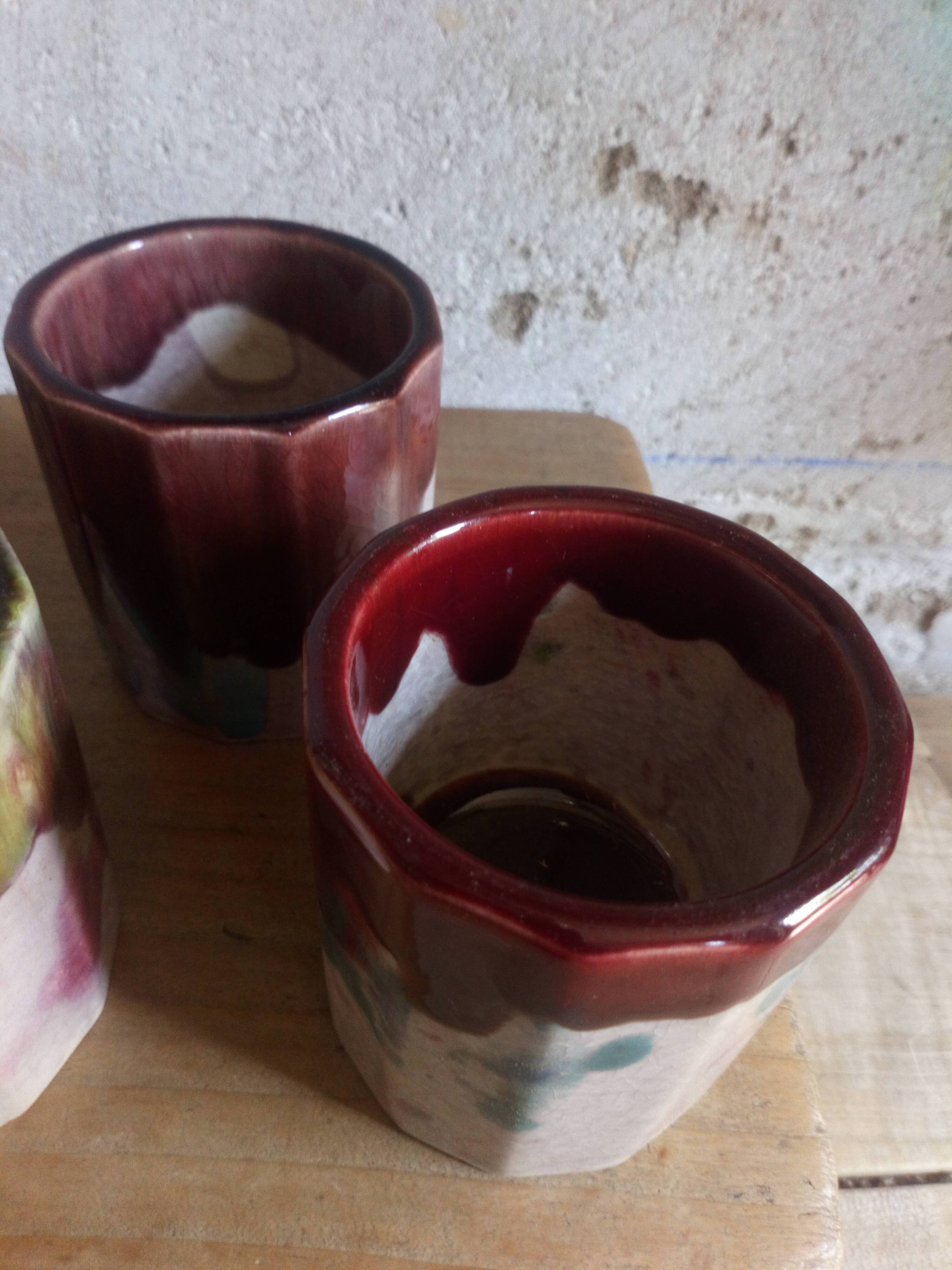 Six old yoghurt pots in enamelled porcelain