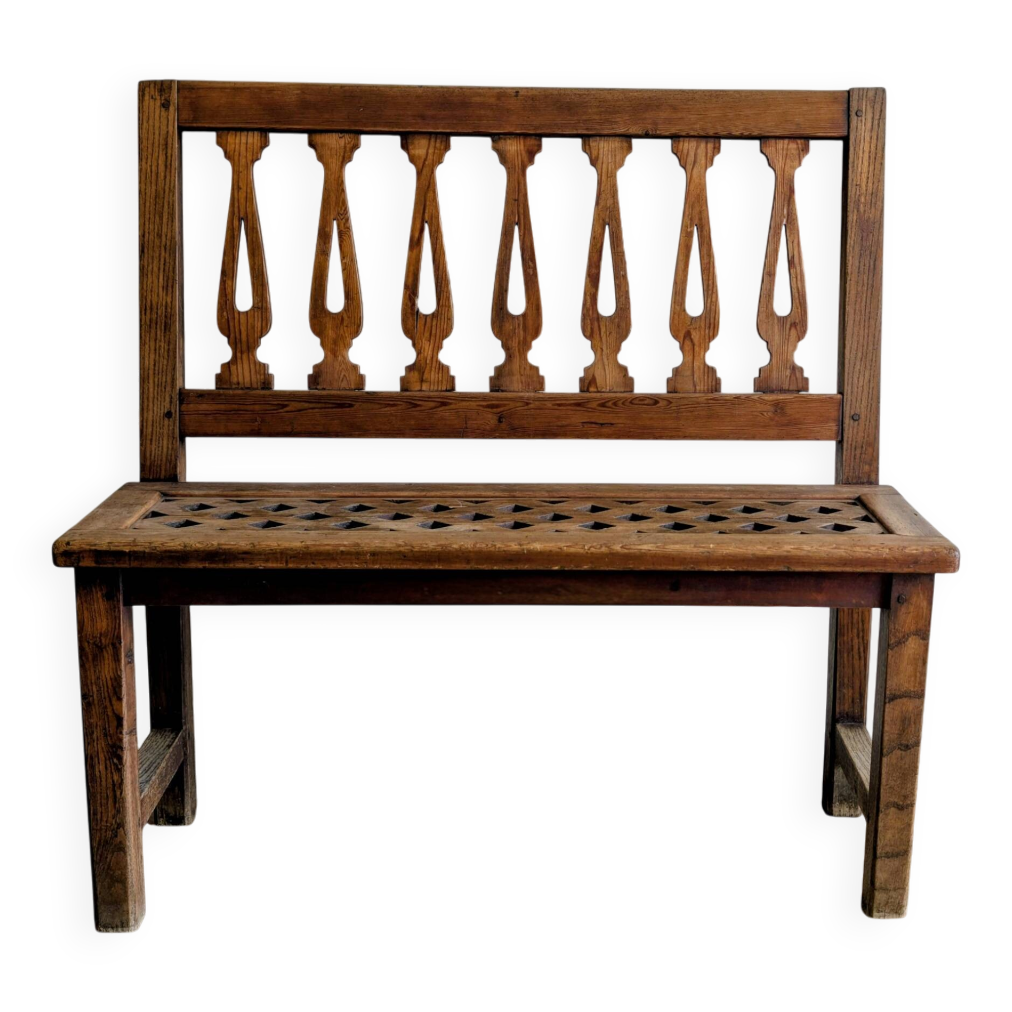Old church bench in pitch pine, rustic charm and authentic patina.
