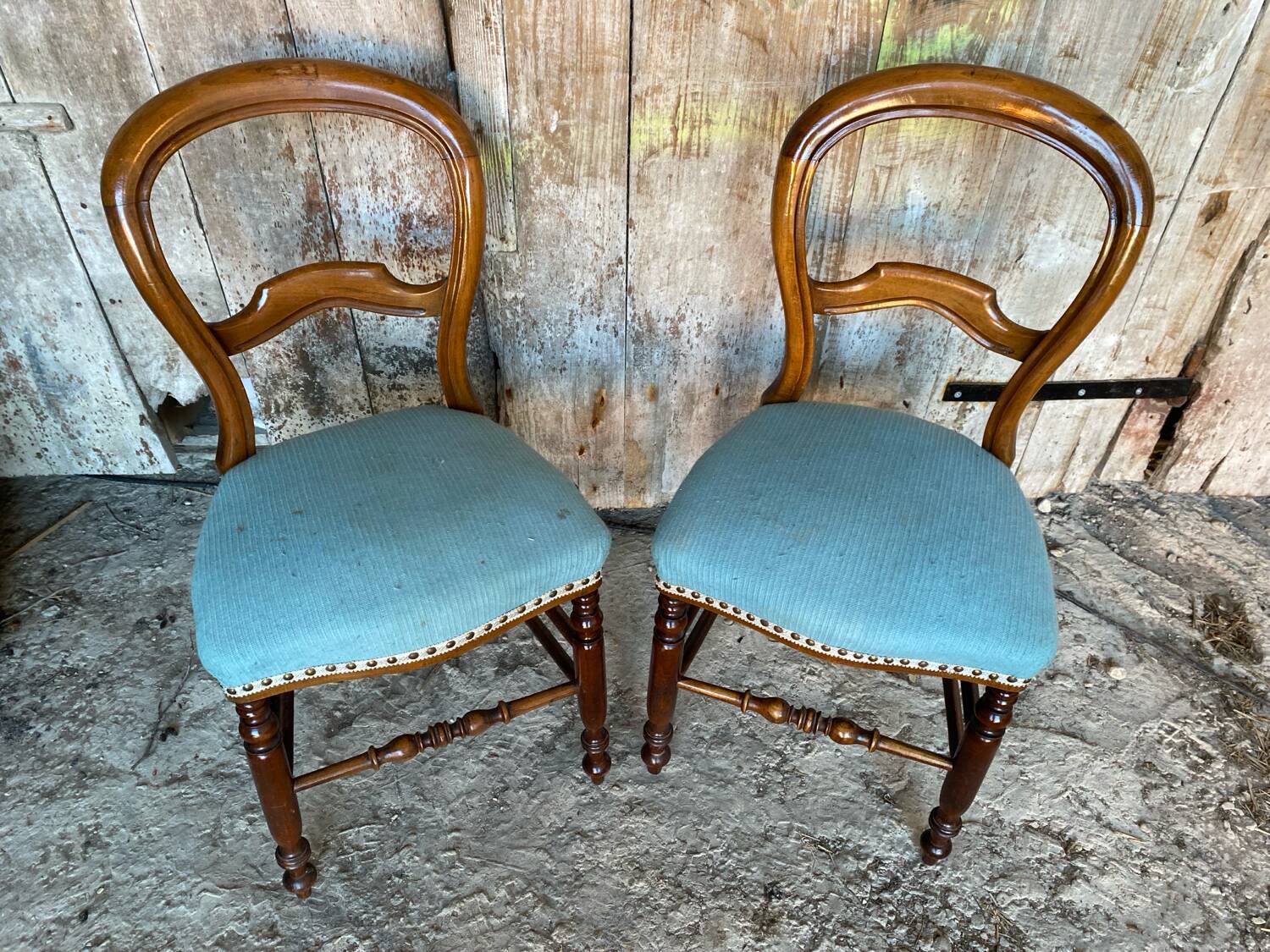 Pair of antique louis philippe chairs wood + blue vintage fabric seat