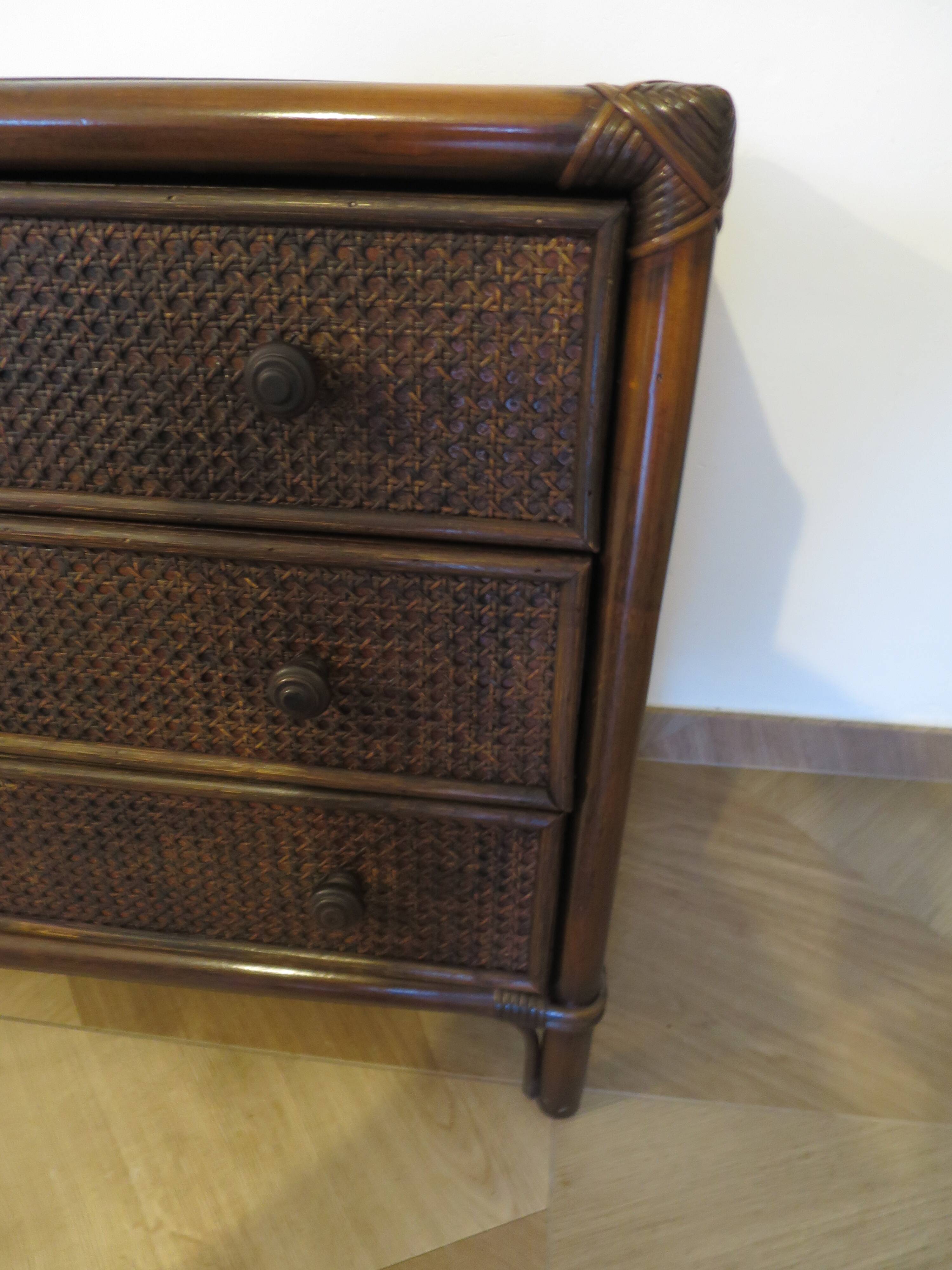 Vintage 3-drawer chest of drawers - wood, bamboo and woven rattan - 1980s