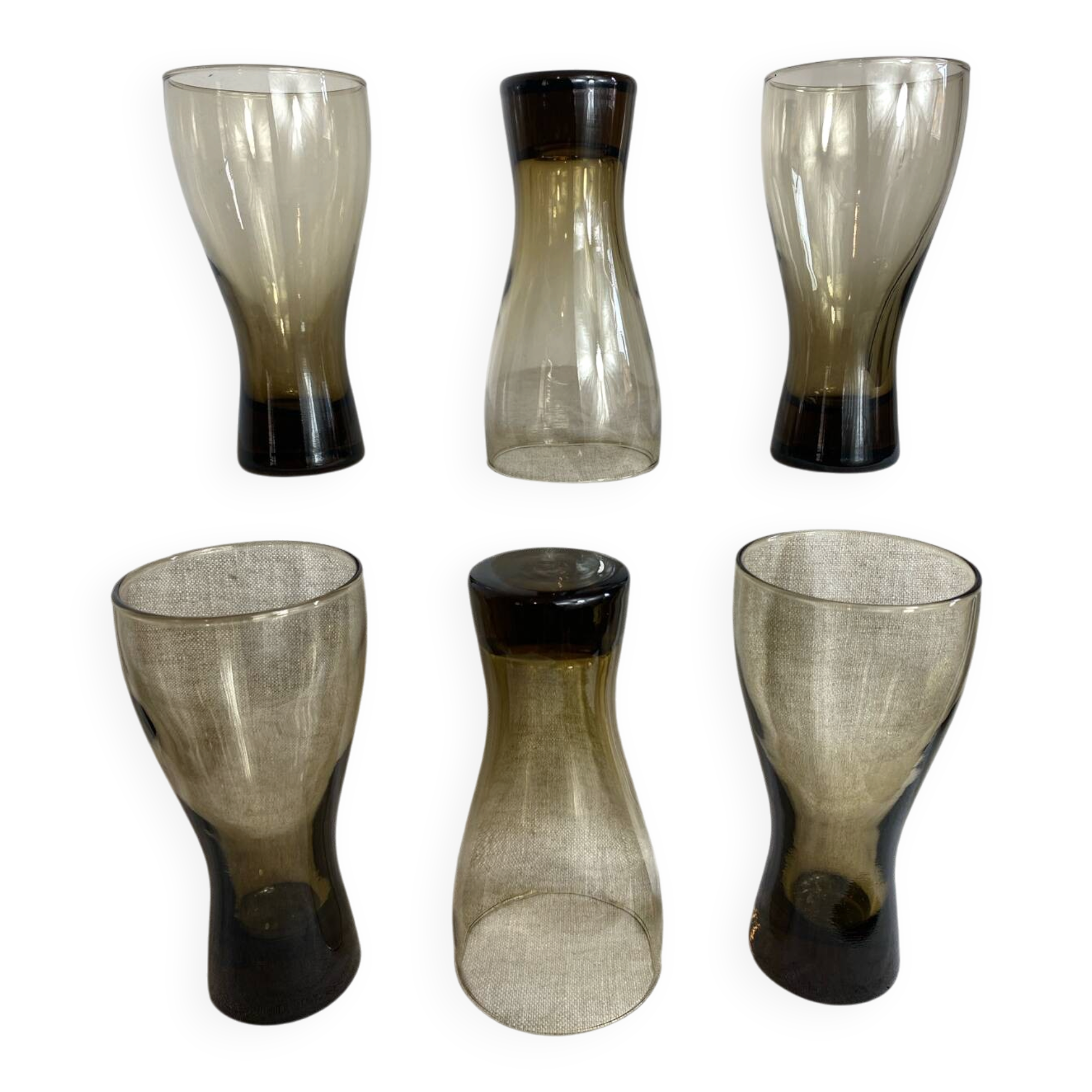 Six smoky glass soda glasses, Luminarc, 1970s.